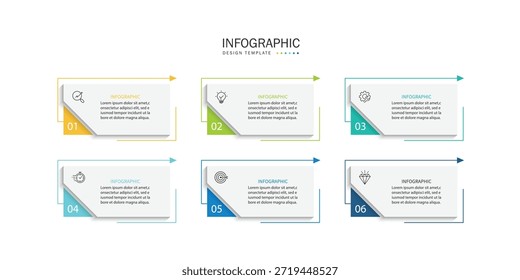 Infographic template design. 6 step timeline journey. Process diagram, 6 options on a white background, infographic elements, business, education, technology, modern vector illustration.