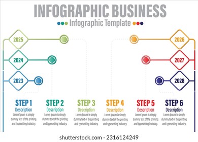 Infographic template design with business and analytics icons. timeline concept with 6 options or steps. included terminal, variety, bars graphic on screen, binary data search, wave chart, circular