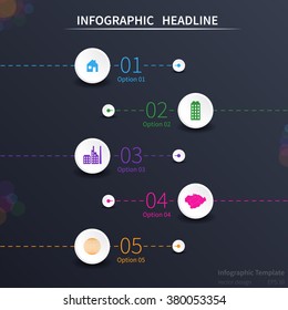 Infographic template design, circular objects, various icons, dark background