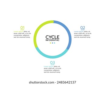 Diseño de Plantilla infográfica con diagrama de ciclo de 3 pasos, opciones o piezas. Visualización de datos empresariales para presentación.