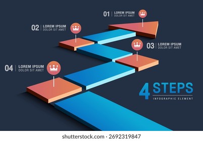 Diseño de Plantilla infográfica. Línea de tiempo de cuatro pasos con bloques de ruta de flecha azul y naranja.