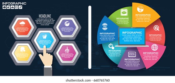 Infographic template design and icons used for business concept with 3, 4, 5, 6 and 7 options, Timeline, steps or processes.