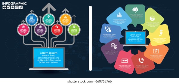 Infographic template design and icons used for business concept with 3, 4, 5, 6 and 7 options, Timeline, steps or processes.