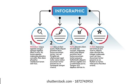 Diseño de plantilla de infografía. Diagrama de infografía vectorial mínimo con 4 opciones o pasos para la presentación empresarial. Plantilla de visualización de datos con iconos, puntos y flechas