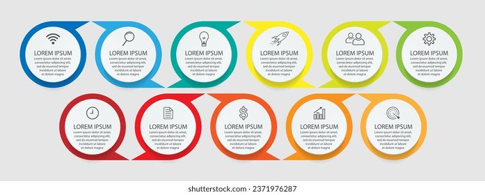 infographic template design, minimalist concept, interconnected circles with 11 steps, lines and colors in each step, good for your business presentation