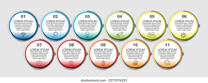 infographic template design, minimalist concept, interconnected circles with 11 steps, lines and colors in each step, good for your business presentation