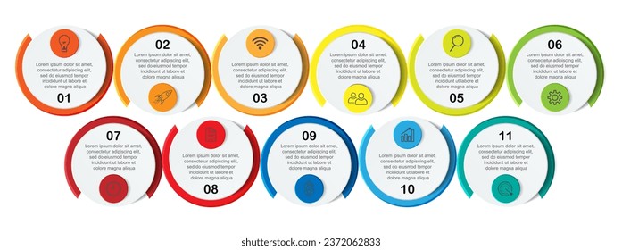infographic template design, minimalist concept, interconnected circles with 11 steps, lines and colors in each step, good for your business presentation