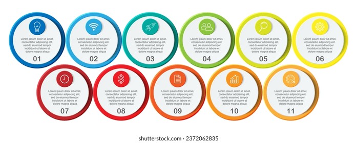 infographic template design, minimalist concept, interconnected circles with 11 steps, lines and colors in each step, good for your business presentation