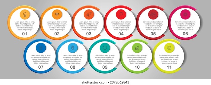 diseño de plantillas de infografía, concepto minimalista, círculos interconectados con 11 pasos, líneas y colores en cada paso, bueno para su presentación empresarial
