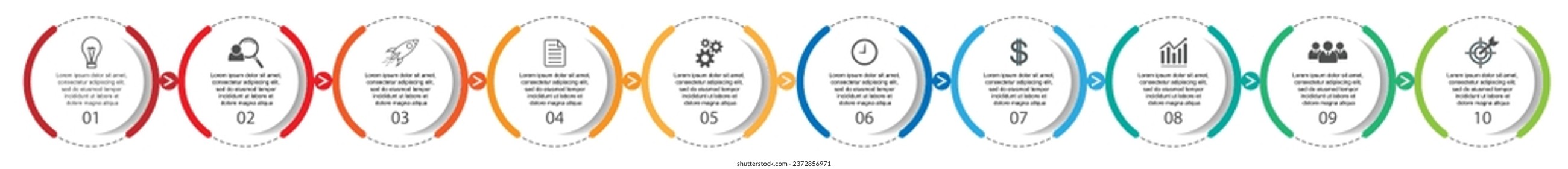 infographic template design, minimalist concept, interconnected circles with 10 steps, lines and colors in each step, good for your business presentation