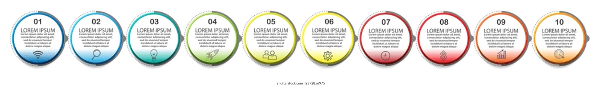 Infografik-Template-Design, minimalistisches Konzept, vernetzte Kreise mit 10 Stufen, Linien und Farben in jedem Schritt, gut für Ihre Geschäftspräsentation