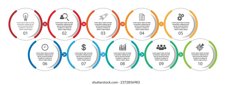 infographic template design, minimalist concept, interconnected circles with 10 steps, lines and colors in each step, good for your business presentation