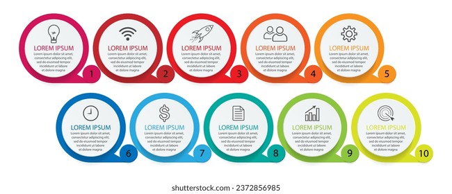 infographic template design, minimalist concept, interconnected circles with 10 steps, lines and colors in each step, good for your business presentation