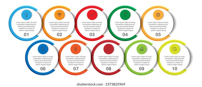 infographic template design, minimalist concept, interconnected circles with 10 steps, lines and colors in each step, good for your business presentation