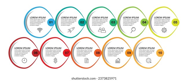 infographic template design, minimalist concept, interconnected circles with 10 steps, lines and colors in each step, good for your business presentation