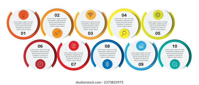 infographic template design, minimalist concept, interconnected circles with 10 steps, lines and colors in each step, good for your business presentation