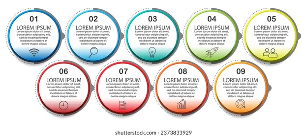 infographic template design, minimalist concept, interconnected circles with 9 steps, lines and colors in each step, good for your business presentation