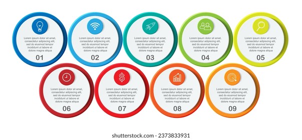 infographic template design, minimalist concept, interconnected circles with 9 steps, lines and colors in each step, good for your business presentation