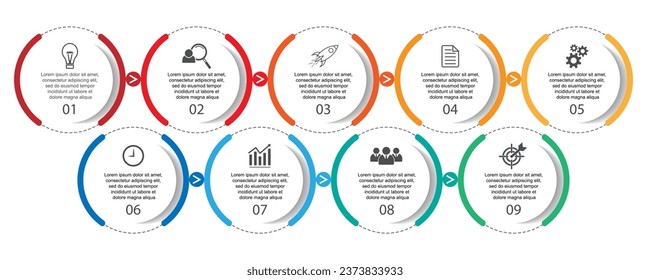 infographic template design, minimalist concept, interconnected circles with 9 steps, lines and colors in each step, good for your business presentation