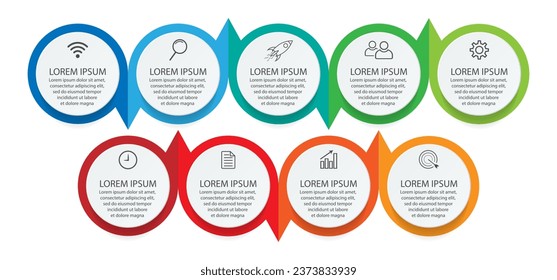 infographic template design, minimalist concept, interconnected circles with 9 steps, lines and colors in each step, good for your business presentation