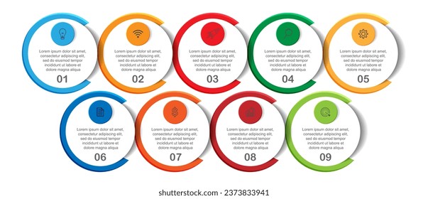 diseño de plantillas de infografía, concepto minimalista, círculos interconectados con 9 pasos, líneas y colores en cada paso, bueno para su presentación de negocios