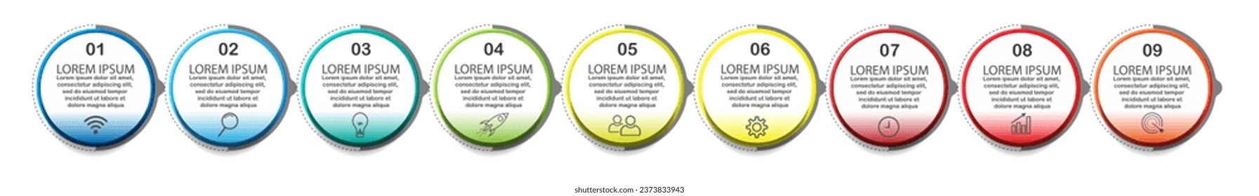 infographic template design, minimalist concept, interconnected circles with 9 steps, lines and colors in each step, good for your business presentation