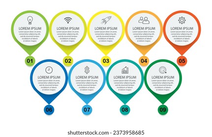 diseño de plantillas de infografía, concepto minimalista, círculos interconectados con 9 pasos, líneas y colores en cada paso, bueno para su presentación de negocios