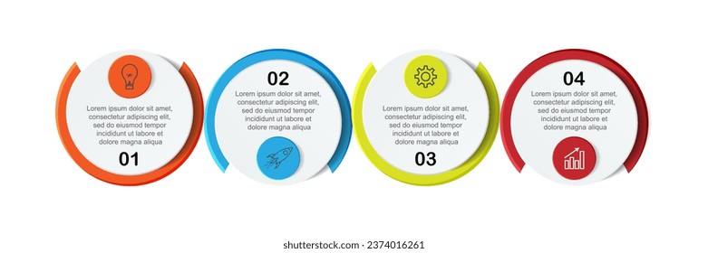 infographic template design, minimalist concept, interconnected circles with 4 steps, lines and colors in each step, good for your business presentation