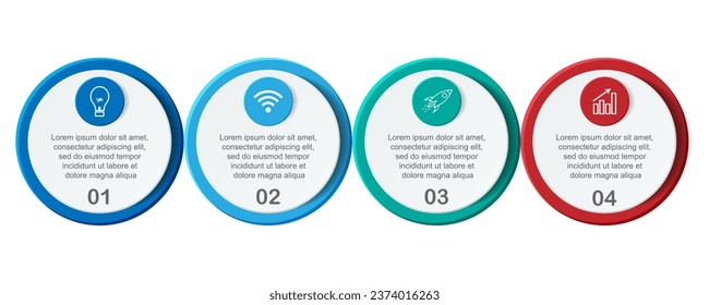 infographic template design, minimalist concept, interconnected circles with 4 steps, lines and colors in each step, good for your business presentation