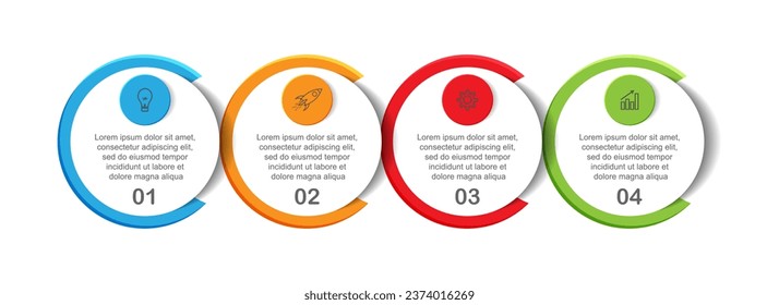 infographic template design, minimalist concept, interconnected circles with 4 steps, lines and colors in each step, good for your business presentation