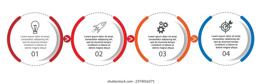 infographic template design, minimalist concept, interconnected circles with 4 steps, lines and colors in each step, good for your business presentation