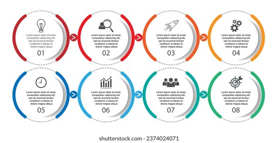 infographic template design, minimalist concept, interconnected circles with 8 steps, lines and colors in each step, good for your business presentation