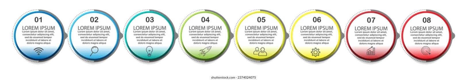 infographic template design, minimalist concept, interconnected circles with 8 steps, lines and colors in each step, good for your business presentation