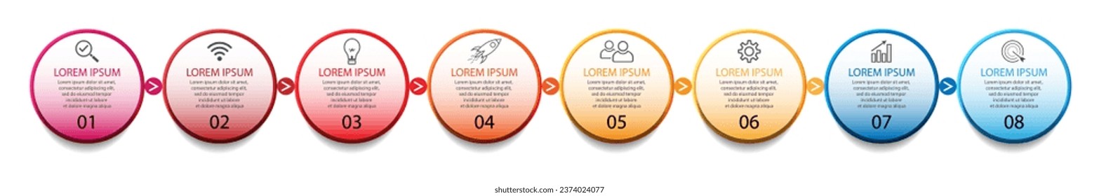 Infografik-Template-Design, minimalistisches Konzept, vernetzte Kreise mit 8 Stufen, Linien und Farben in jedem Schritt, gut für Ihre Geschäftspräsentation