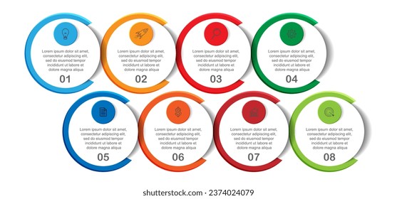 infographic template design, minimalist concept, interconnected circles with 8 steps, lines and colors in each step, good for your business presentation