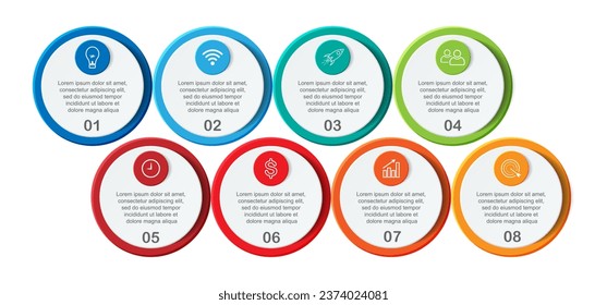 infographic template design, minimalist concept, interconnected circles with 8 steps, lines and colors in each step, good for your business presentation