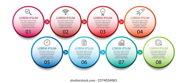 diseño de plantillas de infografía, concepto minimalista, círculos interconectados con 8 pasos, líneas y colores en cada paso, bueno para su presentación de negocios