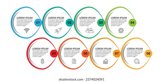 diseño de plantillas de infografía, concepto minimalista, círculos interconectados con 8 pasos, líneas y colores en cada paso, bueno para su presentación de negocios