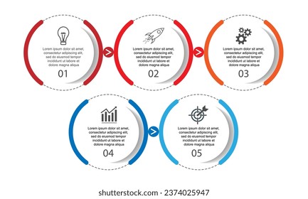 infographic template design, minimalist concept, interconnected circles with 5 steps, lines and colors in each step, good for your business presentation