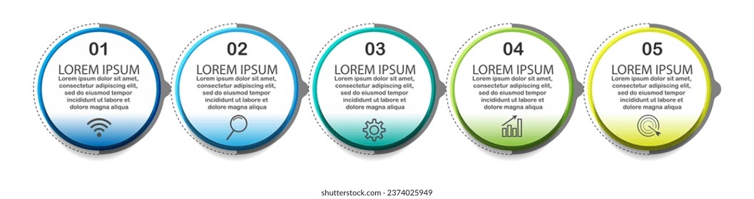 infographic template design, minimalist concept, interconnected circles with 5 steps, lines and colors in each step, good for your business presentation