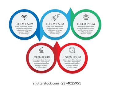 diseño de plantillas de infografía, concepto minimalista, círculos interconectados con 5 pasos, líneas y colores en cada paso, bueno para su presentación de negocios