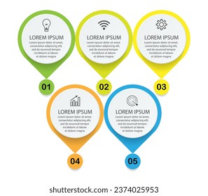 infographic template design, minimalist concept, interconnected circles with 5 steps, lines and colors in each step, good for your business presentation