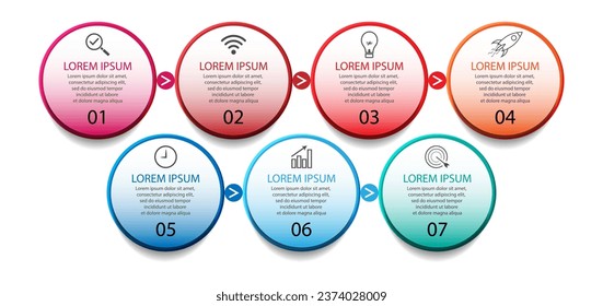 infographic template design, minimalist concept, interconnected circles with 7 steps, lines and colors in each step, good for your business presentation