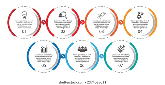 infographic template design, minimalist concept, interconnected circles with 7 steps, lines and colors in each step, good for your business presentation