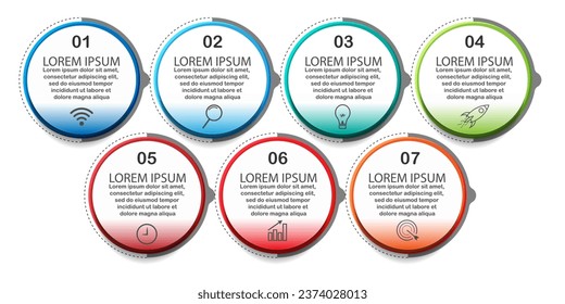 Infografik-Template-Design, minimalistisches Konzept, vernetzte Kreise mit 7 Stufen, Linien und Farben in jedem Schritt, gut für Ihre Geschäftspräsentation