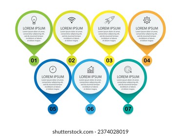 infographic template design, minimalist concept, interconnected circles with 7 steps, lines and colors in each step, good for your business presentation