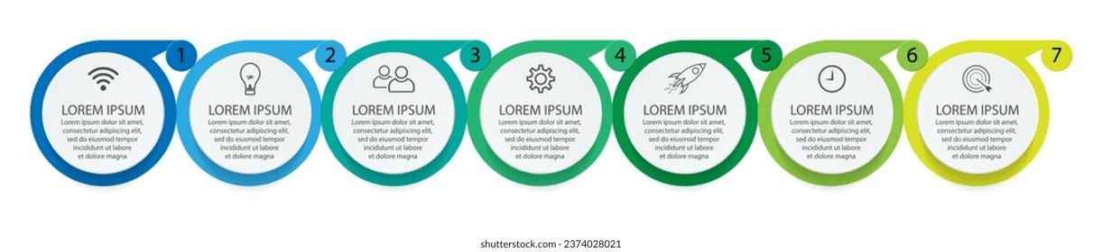 infographic template design, minimalist concept, interconnected circles with 7 steps, lines and colors in each step, good for your business presentation
