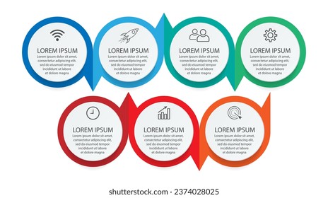 diseño de plantillas de infografía, concepto minimalista, círculos interconectados con 7 pasos, líneas y colores en cada paso, bueno para su presentación de negocios