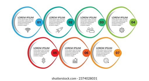 infographic template design, minimalist concept, interconnected circles with 7 steps, lines and colors in each step, good for your business presentation