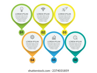 diseño de plantillas de infografía, concepto minimalista, círculos interconectados con 6 pasos, líneas y colores en cada paso, bueno para su presentación de negocios